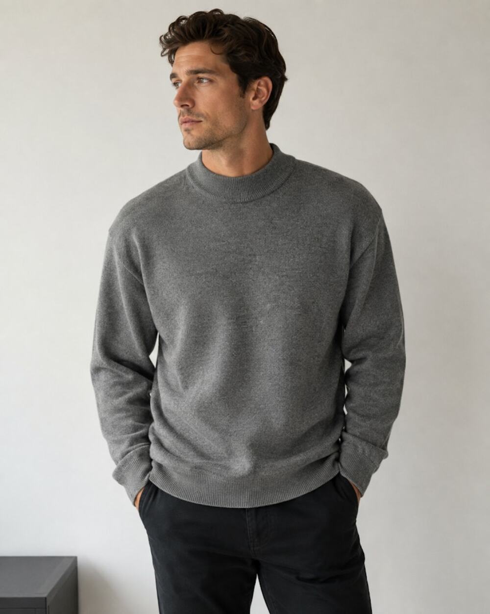 Giasone Mens Merino Wool Mock Neck Sweater Grey Pullover Made in Italy Size S